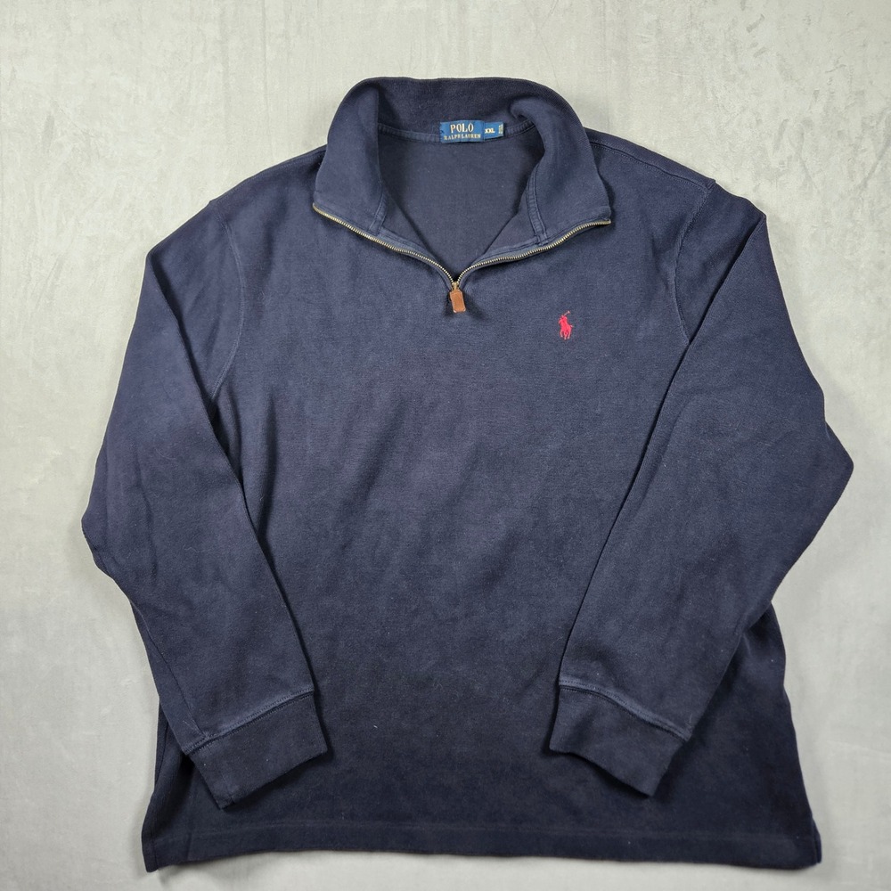 Polo Ralph Lauren Sweater Mens XXL Navy Blue 1/4 Zip Cotton Pullover Pony Logo